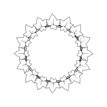 Circular ivy leaf wreath frame vector line art illustration isolated on white background