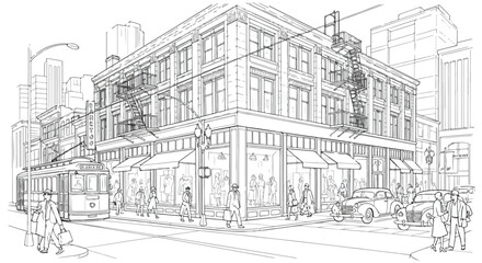 Fototapeta premium Vintage City Street Corner Vector Illustration with Tram and People
