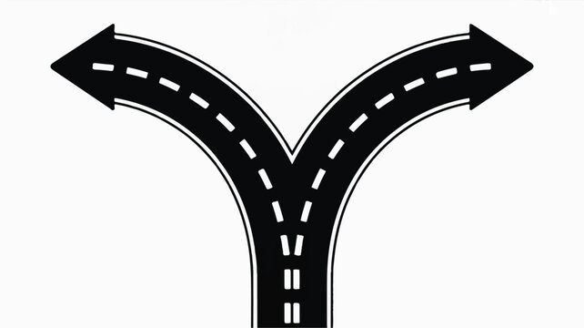 black asphalt road diverging into two paths with white lane markings on white background