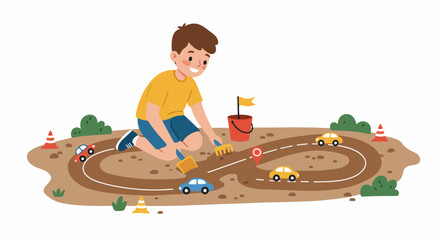 Little boy happily creating a race track in the dirt for toy cars with sandbox tools, illustrating creative and imaginative outdoor play.