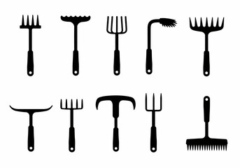 Collection of Black Silhouettes of Ten Different Hand-Held Gardening Tools Including Rakes, Forks, and Hoes Isolated on a White Background © Sabrina