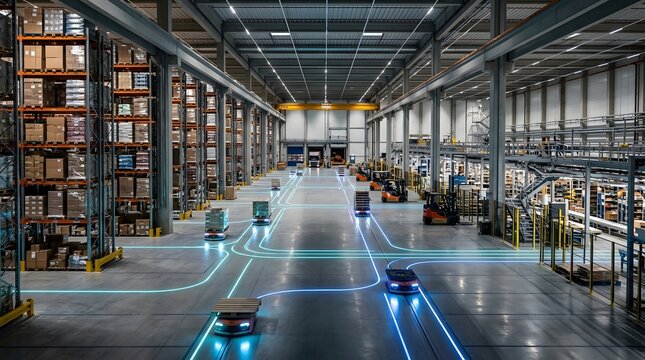 Modern automated warehouse with autonomous robots transporting goods along glowing blue digital tracks between tall storage racks, industrial shelving, and logistics equipment.