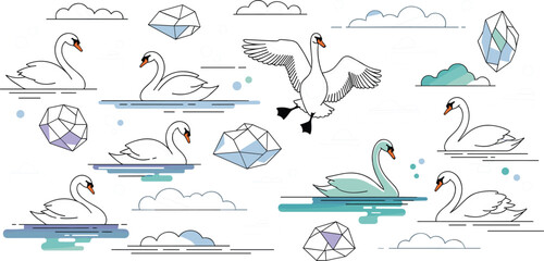 Set of swans swimming and flying on water with geometric crystals and clouds illustrated in modern line style for fantasy nature design © Apu