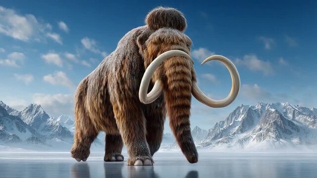 Giant Mammoth on Icy Landscape: A majestic woolly mammoth stands proudly amidst a frozen landscape, its massive tusks and shaggy coat hinting at a bygone era, against a backdrop of towering.