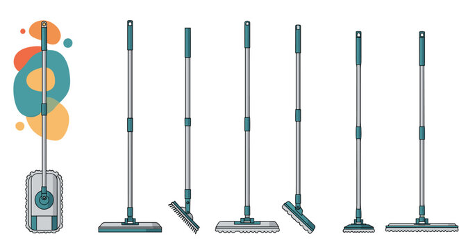 Collection of spray mop illustrations showing different angles and perspectives for professional floor cleaning and home maintenance tasks.