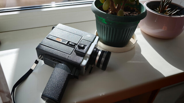 Sosnoviy Bor, Russia - April 28, 2026: Vintage Super 8 film camera vintage movie camera AURORA 8mm