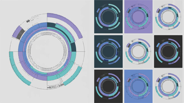 Infographic elements with circular data visualization charts and graphs  various colors and backgrounds