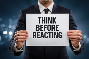Obraz premium Think Before Reacting is the Advice on a Sign Held by a Man in a Suit