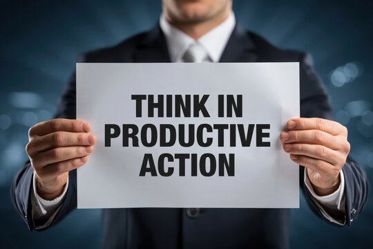 Businessman Holding a Sign about Thinking in Productive Action