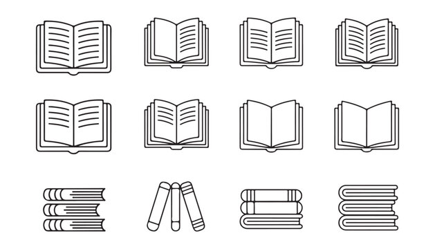 Outline vector icons of open books and vertical spines for library cataloging and educational software theme.
