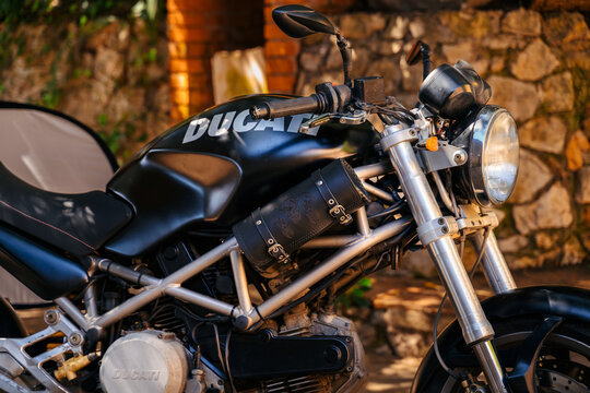 Custom Ducati motorcycle with leather tool bag detail