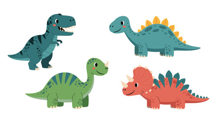 Fototapeta premium Set of four colorful and friendly cartoon dinosaurs including t-rex and stegosaurus for children educational books and creative materials.