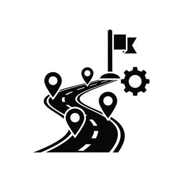road map icon with flag and gears black vector graphic on white background high quality professional detailed modern elegant stylish