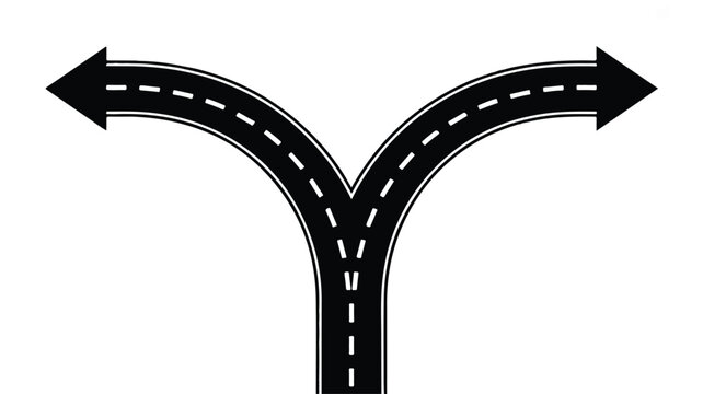 Two roads diverge in opposite directions with arrows  fork in the road