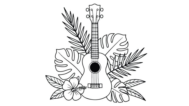 ukulele surrounded by tropical leaves and flowers isolated on transparent background