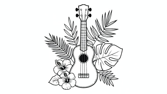 ukulele with tropical leaves and flowers isolated on white background