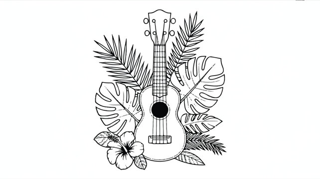 ukulele with tropical leaves and hibiscus flower illustration
