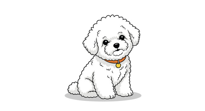 Adorable white fluffy bichon frise dog sitting calmly with an orange collar and gold tag on a white background in a cute illustration.