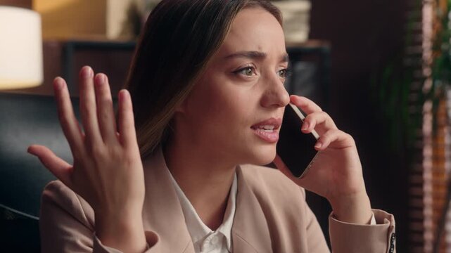 Emotional pensive Caucasian business woman talking mobile phone call businesswoman thinking talk smartphone discussing difficult work job problem female girl working communicating think in office