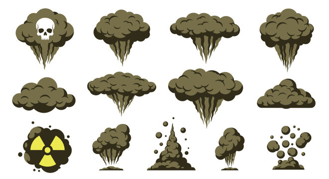 Collection of graphic icons representing toxic clouds, dangerous explosions, and radioactive fallout in green, black, and yellow colors.
