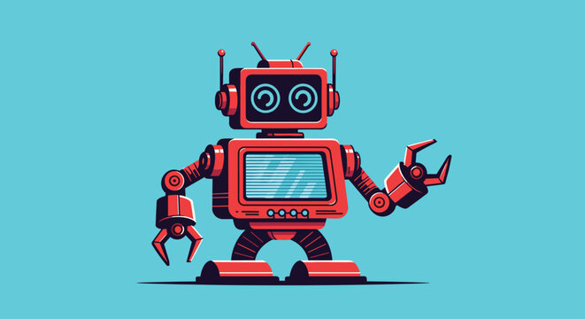 Retro red robot toy character stands with mechanical arms and a screen chest on a solid light blue background.