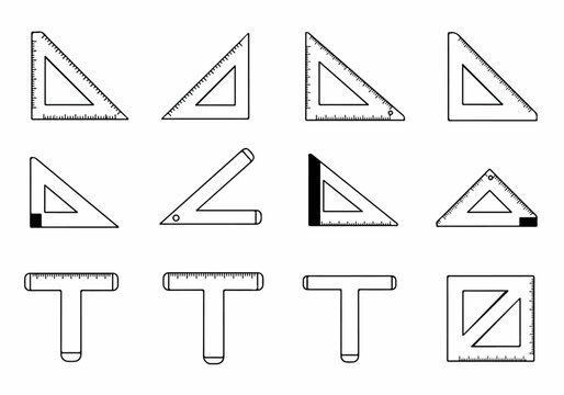 Collection of Outline Icons Featuring Various Drafting Tools Such as Set Squares and T-squares for Measurement and Design.