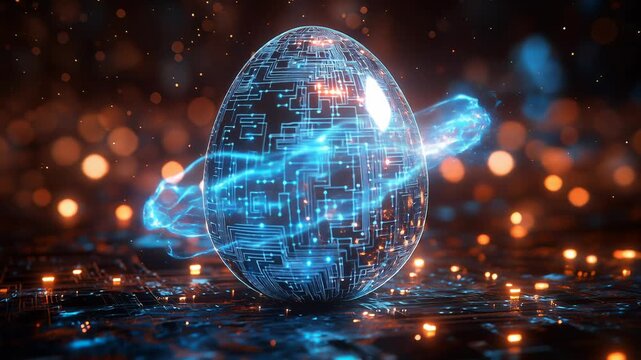 Glowing digital egg with circuit board pattern. Cybernetic element receiving energy beam for technology concept. Futuristic abstract art representing innovation.
