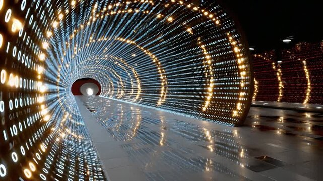 Data Tunnel: Explore the realm of information technology with this stunning visual of a data tunnel, featuring illuminated pathways and binary code, representing the digital universe.