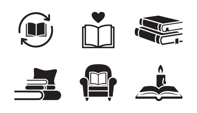 Reading comfort icons featuring books with pillows armchair candle and love symbols for bookstore marketing.