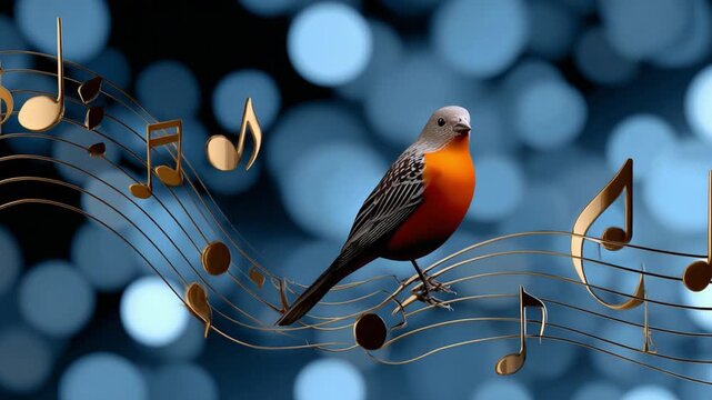 Melodic Harmony: A vibrant bird perches gracefully amidst a cascade of musical notes, creating a symphony of art and nature, capturing the essence of auditory beauty.