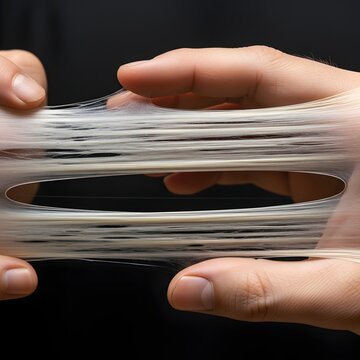Stretching a pliable, viscous substance between two hands against a dark background