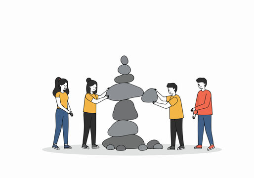 Illustration of a team working together to stack stones in a balanced tower, representing stability and cooperation in a flat line style.