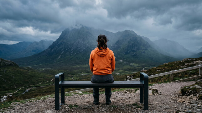 Woman wearing an orange hoodie sits on a bench while looking at the massive mountains under a cloudy sky landscape