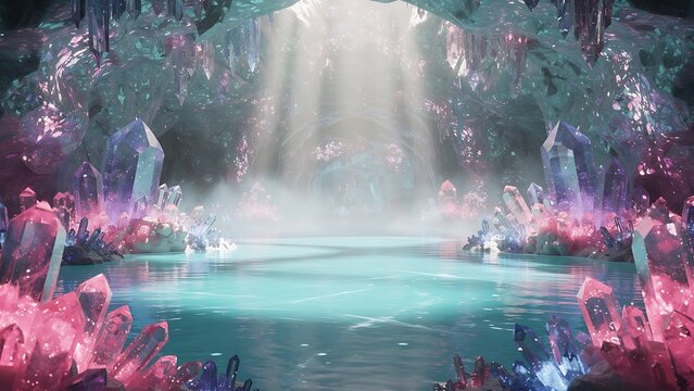 Crystal cave with glowing gems and underground lake. Magical cavern interior with sparkling minerals and light beam. Surreal fantasy landscape for gaming background and digital art.