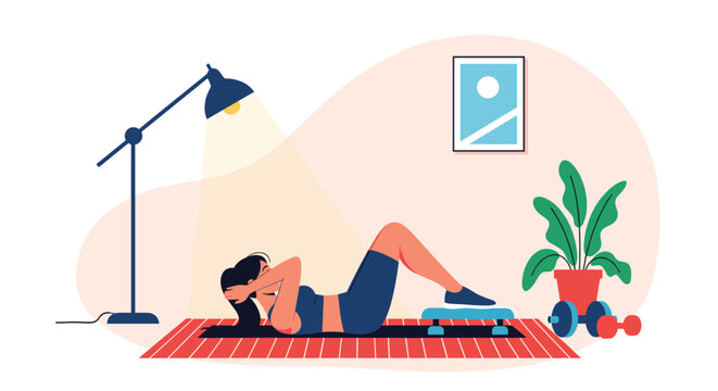 Dedicated woman performs core abdominal exercises on a yoga mat in her living room with a reading lamp and potted plant in the background.
