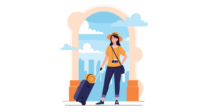 Female tourist with a large suitcase and camera stands in front of a city archway ready to explore her next travel destination during vacation.