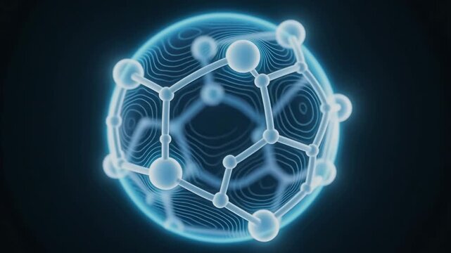 C60 molecule in close-up, featuring an electron density-style glow and wave-like surface pulses, with a slow push-in and gentle tilt camera move.