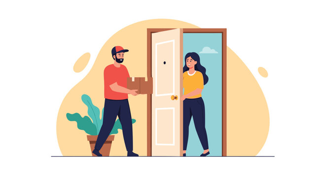 Delivery man with a cardboard package stands at an open door while a woman comes to receive her online order in a residential setting.