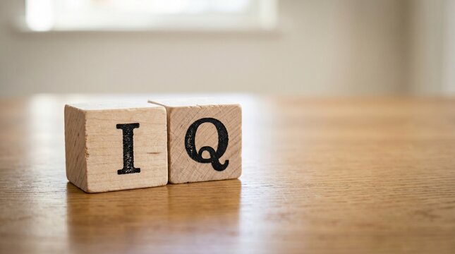 IQ Blocks on the Table: Close-up shot of wooden blocks spelling out IQ on a smooth wooden surface, symbolizing intelligence and mental capacity.