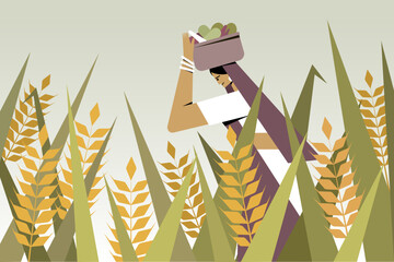 Fototapeta premium Illustration of a rural Indian woman carrying a basket through a wheat field, representing agriculture, harvest season, and traditional village life