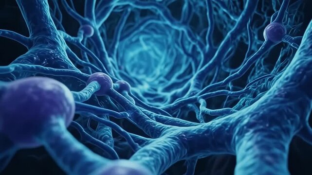 A detailed 3D micro-world inside neural tissue shows localized activation spreading across synapses as a bright wave of light, with a smooth forward camera move.