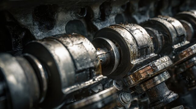 close up of old reliable engine internals from 80s 90s, pistons and crankshaft with wear marks, oil residue, metal fatigue, no polish, extreme