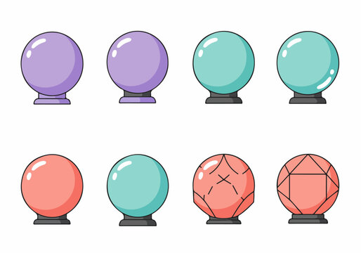 Simple vector illustration set of eight crystal balls and gemstones on stands, including purple, teal, and pink variations in a cartoon style.