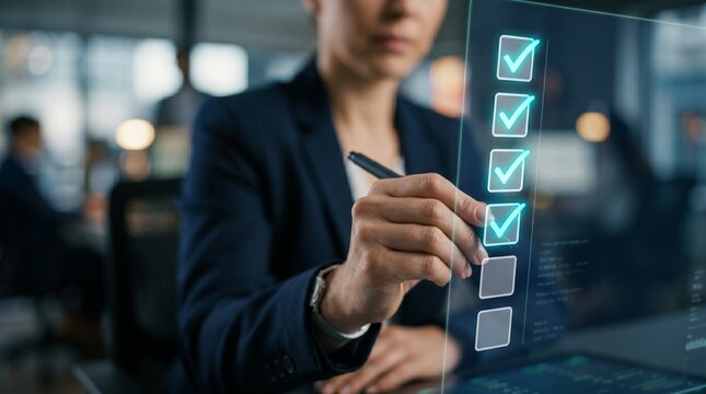 Digital Checklist Mastery: A professional in a modern office environment meticulously checks off tasks on a futuristic digital interface, symbolizing precision and progress. 