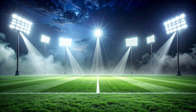 Cinematic 3D rendering of a large stadium floodlight shining through the thick night fog, intense white light beams, empty grass field, dark atmospheric background, ultra-realistic, 8k resolution.