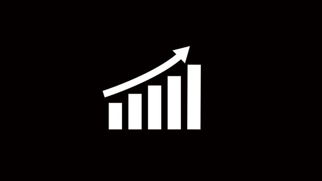 Minimalist business growth bar chart animation with rising arrow, financial success concept, white on black background