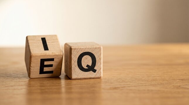 IQ and EQ Blocks: Wooden blocks display IQ and EQ, symbolizing the importance of both intellect and emotional intelligence. Set on a wooden surface.