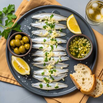 Professional Close-Up Overhead Photograph of Authentic Spanish Boquerones - Marinated White Anchovies with Garlic and Parsley - Dark Matte Stone Tile Background - 8K Stock Photo