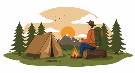 Fototapeta premium Vector Illustration of a Hiker Sitting by a Campfire and Tent in a Scenic Mountain Landscape at Sunset.