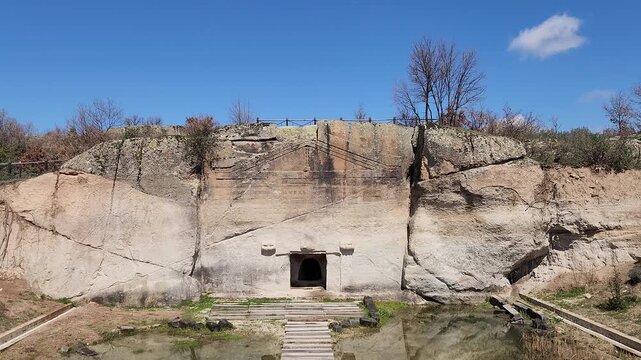 Maltaş is a monumental 7th-century BC Phrygian open-air temple in G&ouml;yn&uuml;ş Valley. Standing 10 meters tall, this massive rock-cut facade features geometric patterns and is dedicated to the goddess Kybel